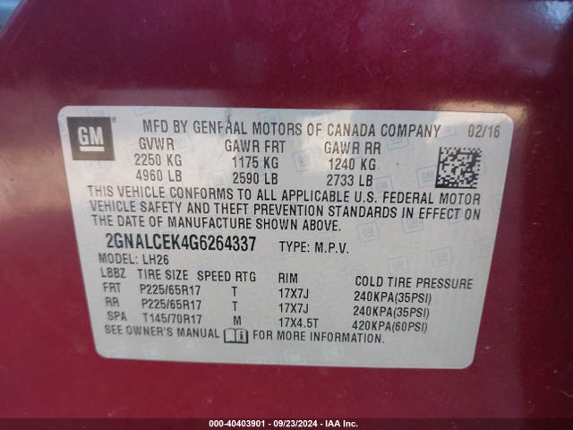 Chevrolet EQUINOX LT 2016 2GNALCEK4G6264337 Image 9