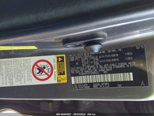 Toyota Highlander Xle V6 2015 5TDKKRFH1FS086879 Image 9