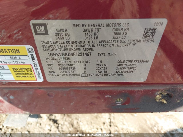 Chevrolet Traverse 1lt 2015 1GNKVGKD4FJ221467 Image 9