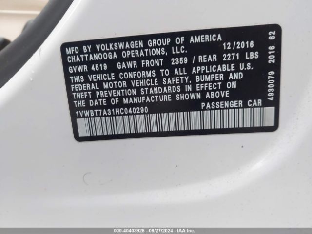 1VWBT7A31HC040290 Volkswagen Passat 1.8t Se