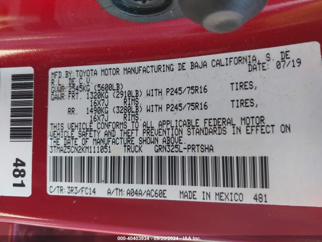 Toyota Tacoma Sr5 V6 2019 3TMAZ5CN2KM111051 Image 9