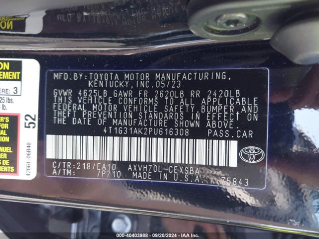 4T1G31AK2PU616308 Toyota Camry Se Hybrid