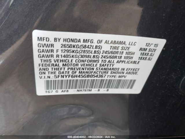5FNYF6H45GB054367 Honda Pilot Ex