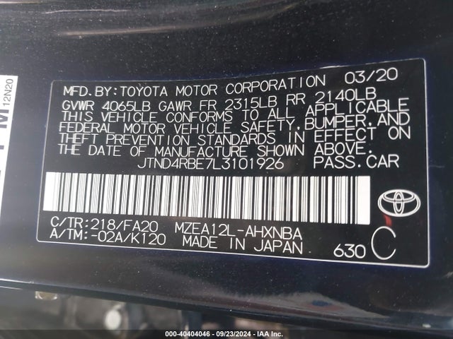 Aukcja sprzedaży 2020 Toyota Corolla Se Nightshade Edition, vin: JTND4RBE7L3101926, numer aukcji: 40404046