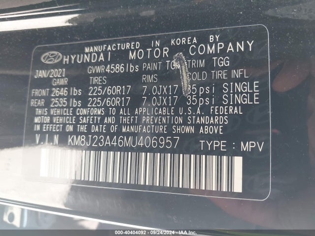 KM8J23A46MU406957 Hyundai TUCSON SE
