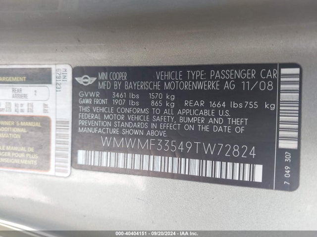 2009 MINI COOPER WMWMF33549TW72824 Photo 8