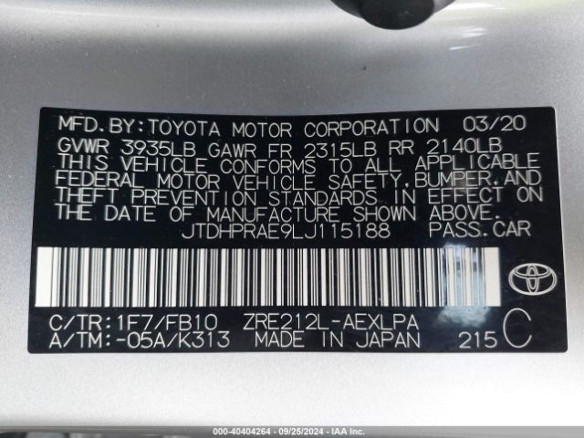 JTDHPRAE9LJ115188 Toyota COROLLA LE