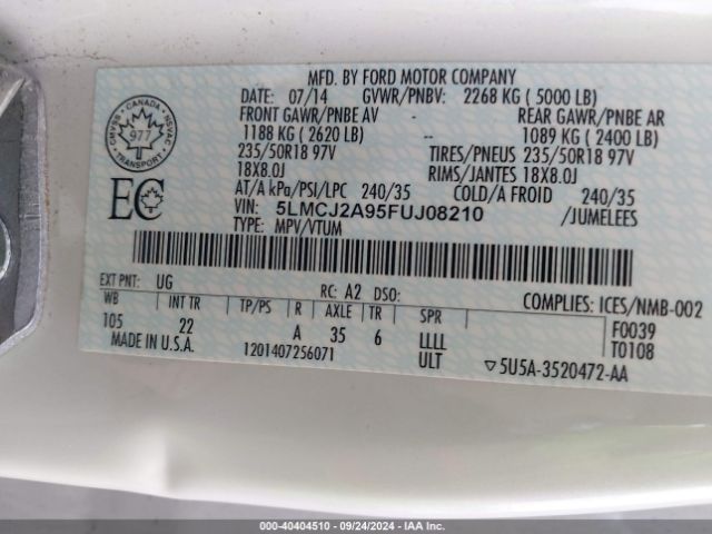 5LMCJ2A95FUJ08210 Lincoln MKC