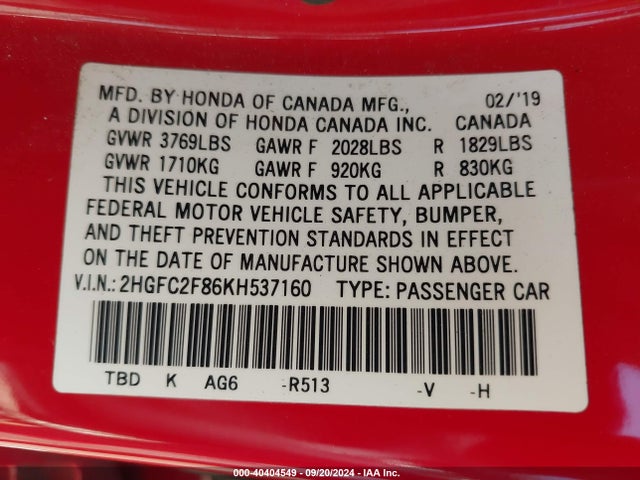 Honda Civic Sport 2019 2HGFC2F86KH537160 Image 9