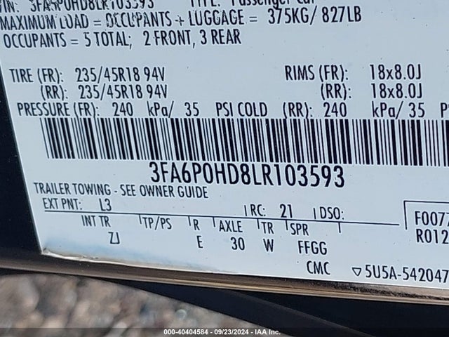 Ford FUSION SE 2020 3FA6P0HD8LR103593 Image 9
