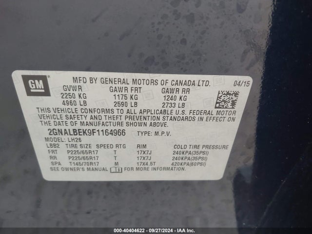 Chevrolet EQUINOX 1LT 2015 2GNALBEK9F1164966 Image 9