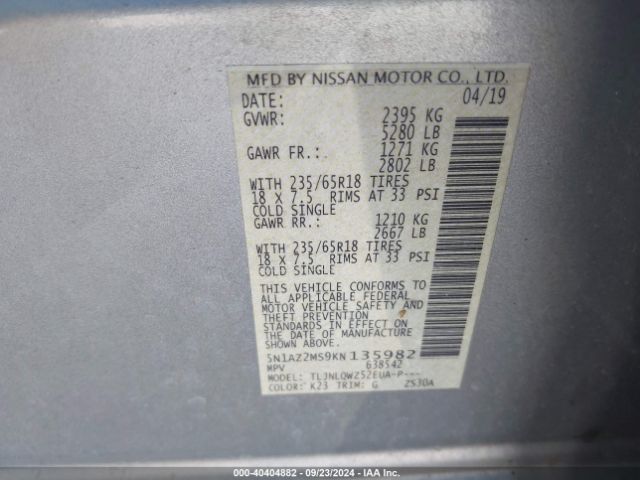 5N1AZ2MS9KN135982 Nissan MURANO SV