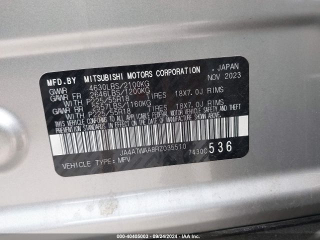 JA4ATWAA8RZ035510 Mitsubishi Eclipse Cross Se S-awc/sel S-awc