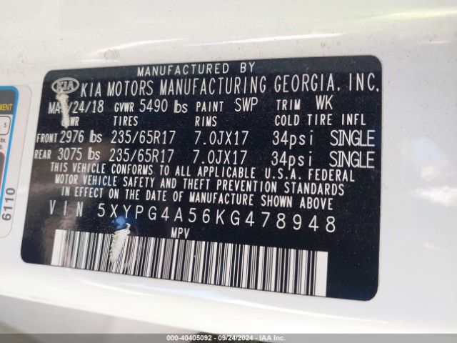 5XYPG4A56KG478948 KIA Sorento 3.3l Lx
