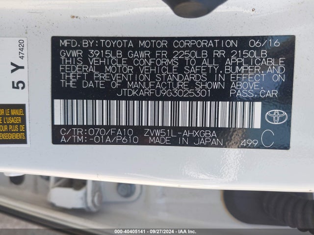 Toyota Prius Three 2016 JTDKARFU9G3025301 Image 9