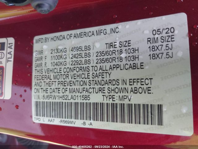 5J6RW1H52LA011585 Honda Cr-v 2wd Ex