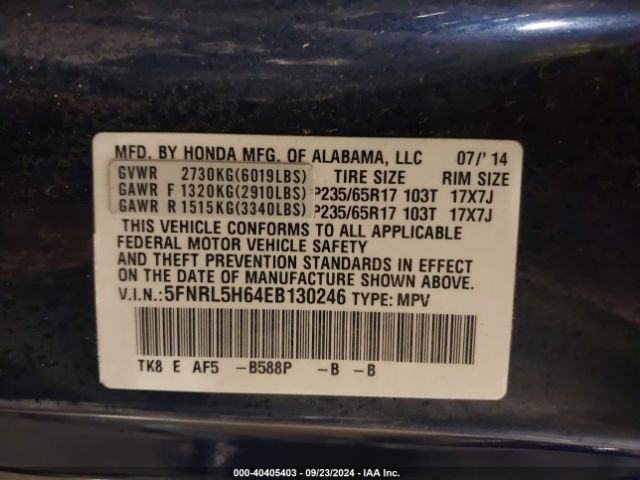 5FNRL5H64EB130246 Honda Odyssey Ex-l