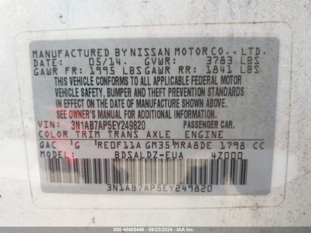 3N1AB7AP5EY249820 Nissan Sentra Fe+ S/fe+ Sv/s/sl/sr/sv