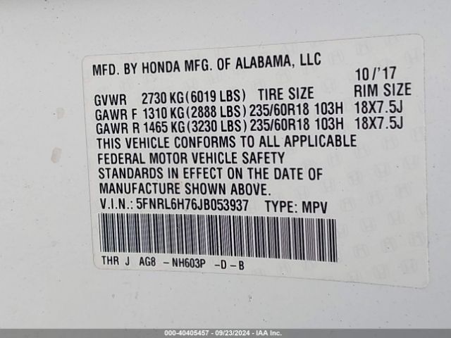5FNRL6H76JB053937 Honda j35y7