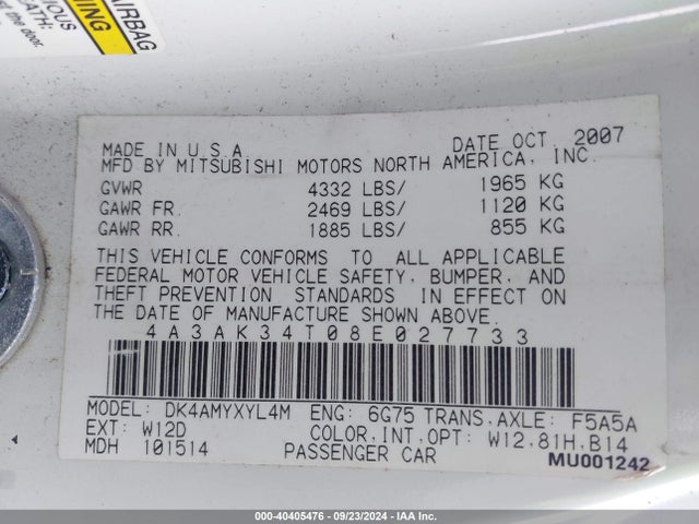 2008 MITSUBISHI ECLIPSE 4A3AK34T08E027733 Photo 8