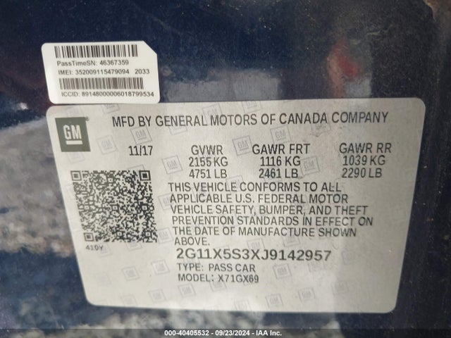 Chevrolet Impala 1fl 2018 2G11X5S3XJ9142957 Image 9