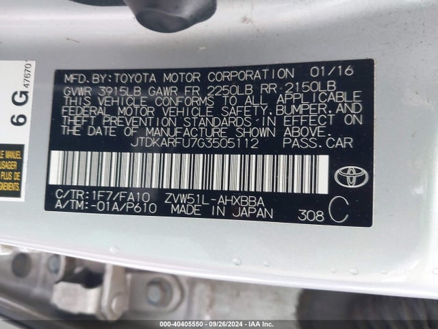 Toyota Prius Two Eco 2016 JTDKARFU7G3505112 Image 9
