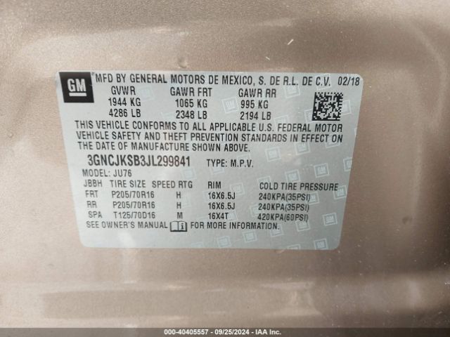3GNCJKSB3JL299841 Chevrolet TRAX LS