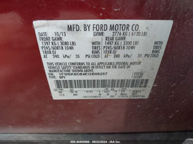 Ford EXPLORER XLT 2014 1FM5K8D84EGB08257 Image 9
