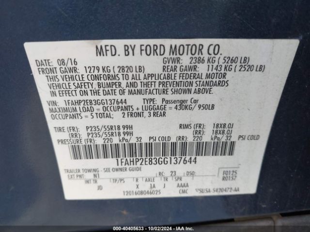 1FAHP2E83GG137644 Ford TAURUS SEL