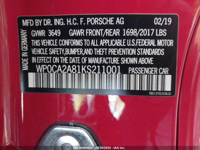 WP0CA2A81KS211001 Porsche 718 Boxster