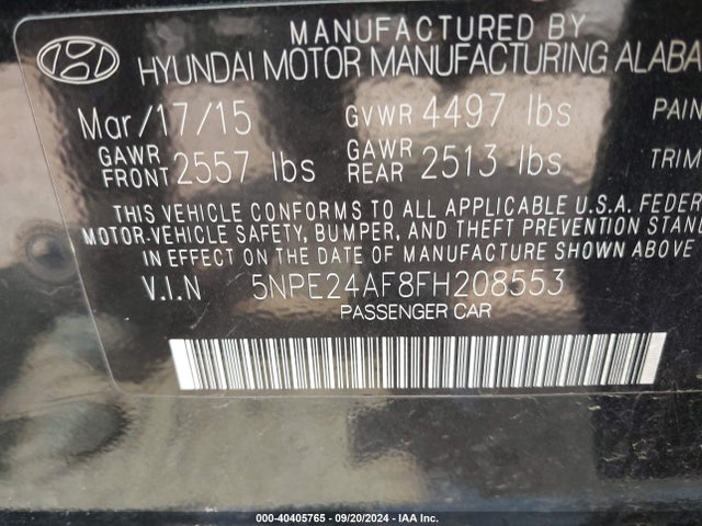 Hyundai SONATA SE 2015 5NPE24AF8FH208553 Image 9