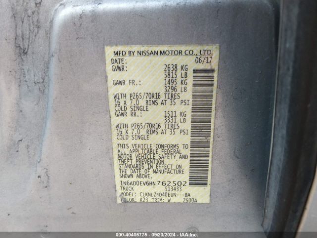 1N6AD0EV6HN762502 Nissan Frontier Sv