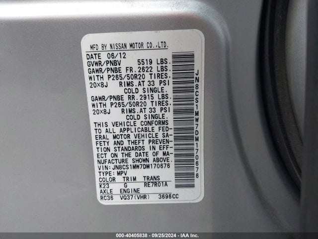 40405838 :رقم المزاد ، JN8CS1MW7DM170676 vin ، 2013 Infiniti Fx37 مزاد بيع