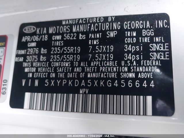 5XYPKDA5XKG456644 KIA Sorento 3.3l Sx