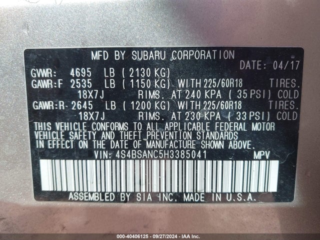 Subaru Outback 2.5i Limited 2017 4S4BSANC5H3385041 Image 9