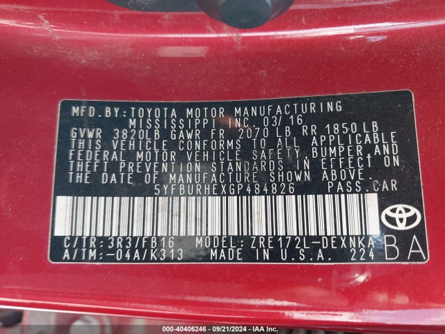 Toyota COROLLA LE 2016 5YFBURHEXGP484826 Image 9