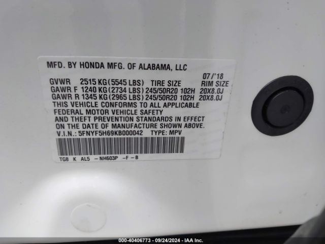 5FNYF5H69KB000042 Honda Pilot Touring
