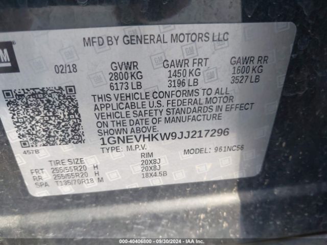 1GNEVHKW9JJ217296 Chevrolet Traverse 3lt