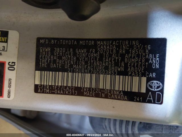 2T1BURHE7GC603853 Toyota Corolla Le Premium