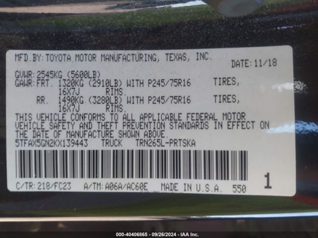 5TFAX5GN2KX139443 Toyota Tacoma Sr5
