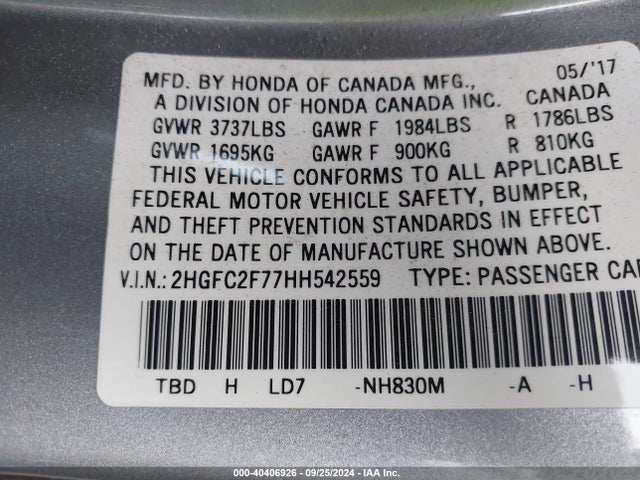 Honda CIVIC EX 2017 2HGFC2F77HH542559 Image 9