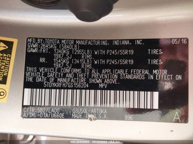 5TDYKRFH7GS156204 Toyota Highlander Limited V6