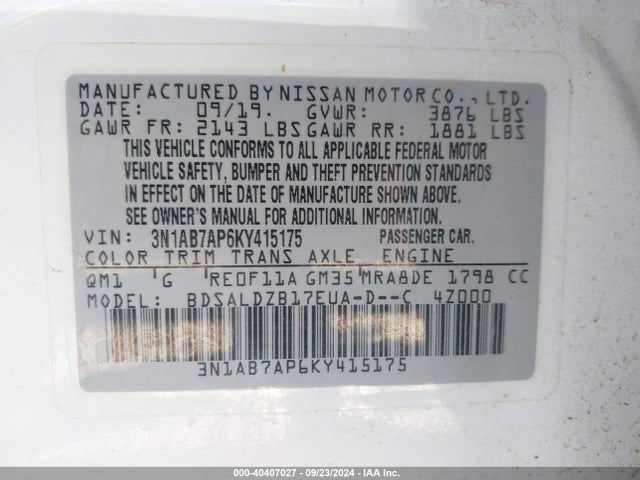 Nissan SENTRA SV 2019 3N1AB7AP6KY415175 Image 9