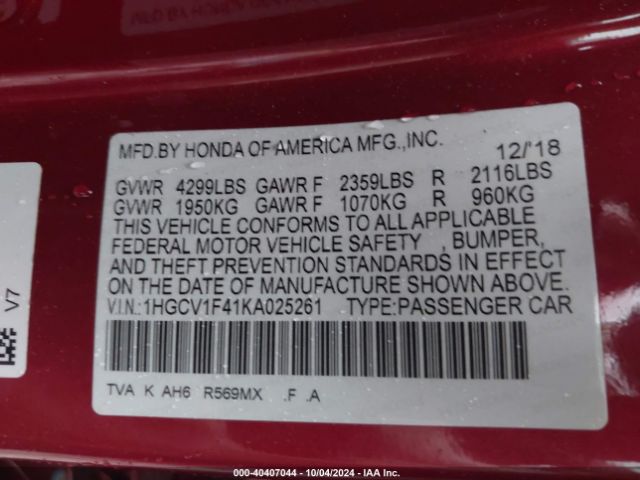 1HGCV1F41KA025261 Honda ACCORD EX