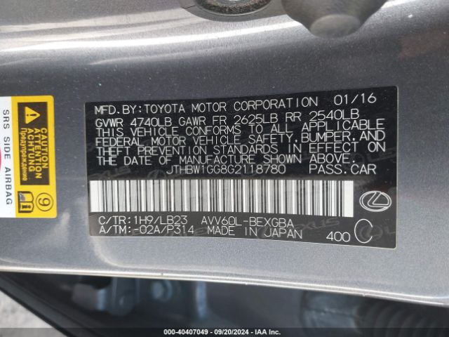 JTHBW1GG8G2118780 Lexus ES 300H