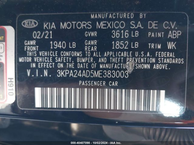 3KPA24AD5ME383003 KIA RIO S