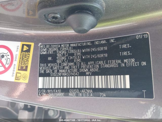 5TDZZRFH6KS314542 Toyota Highlander Le Plus