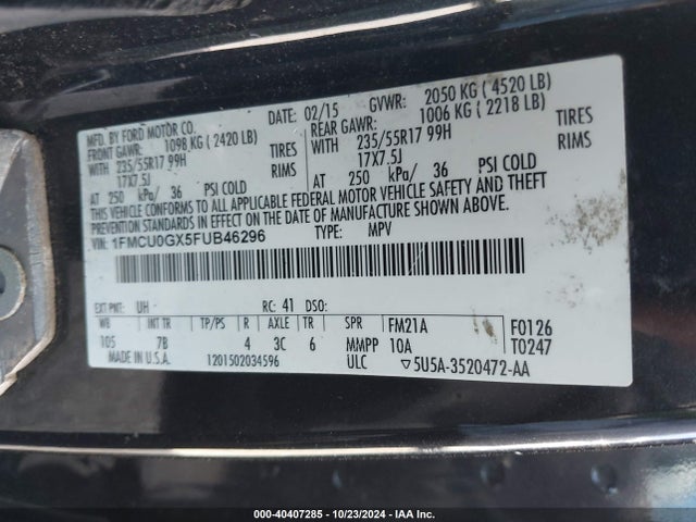 Ford ESCAPE SE 2015 1FMCU0GX5FUB46296 Image 9