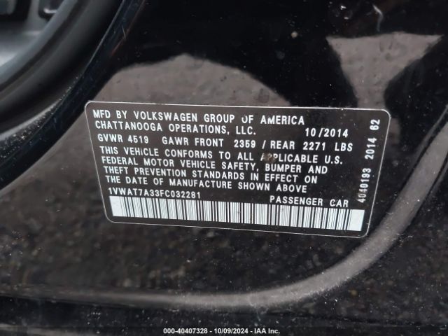 1VWAT7A33FC032281 Volkswagen Passat 1.8t Wolfsburg Edition