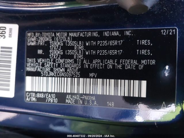 5TDJRKEC6NS097525 Toyota SIENNA XLE